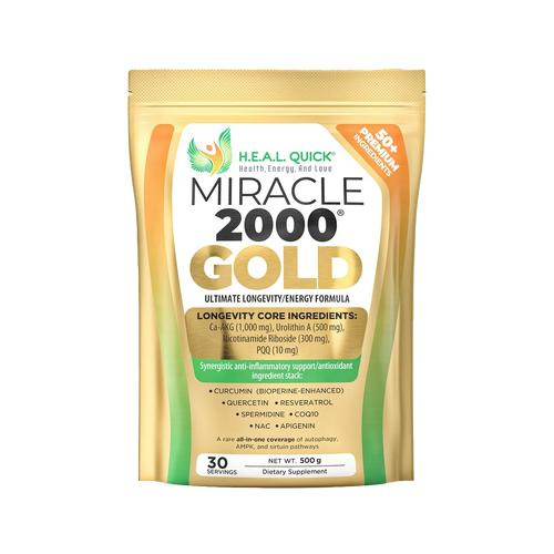 Miracle 2000 GOLD is the Ultimate Longevity, Energy + Multivitamin featuring Ca-AKG, Urolithin A, Nicotinamide Riboside (NR), and PQQ, plus a complete spectrum of vitamins, minerals, antioxidants, botanicals, and mitochondrial cofactors that nourish multiple body systems.
