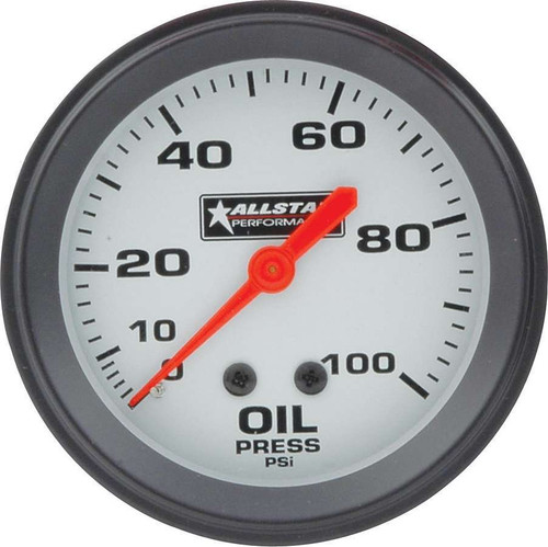 Oil Pressure Gauge, 0-100 psi, Mechanical, Analog, 2-5/8 in Diameter, Silver Face.