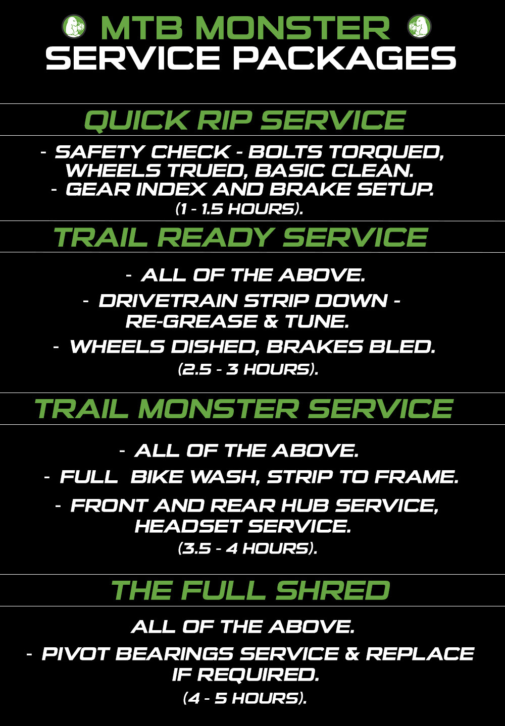 MTB Monster EMTB / Mountain Bike Service Options