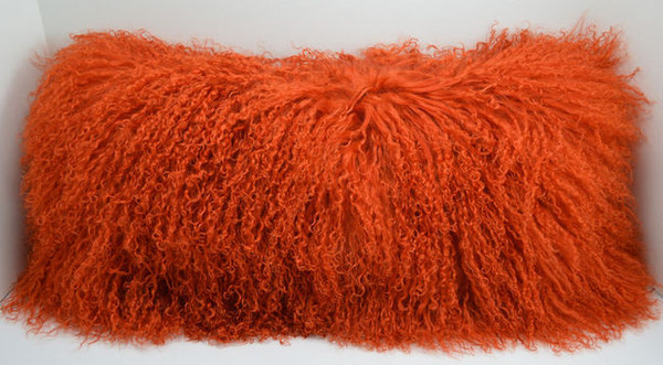 Real Tangerine Burnt Orange MongolianTibetan Lamb Fur Pillow New made in USA cushion