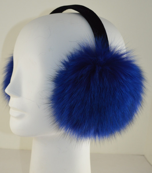 Real  Fox Fur Earmuffs Dyed Blue New Foldable