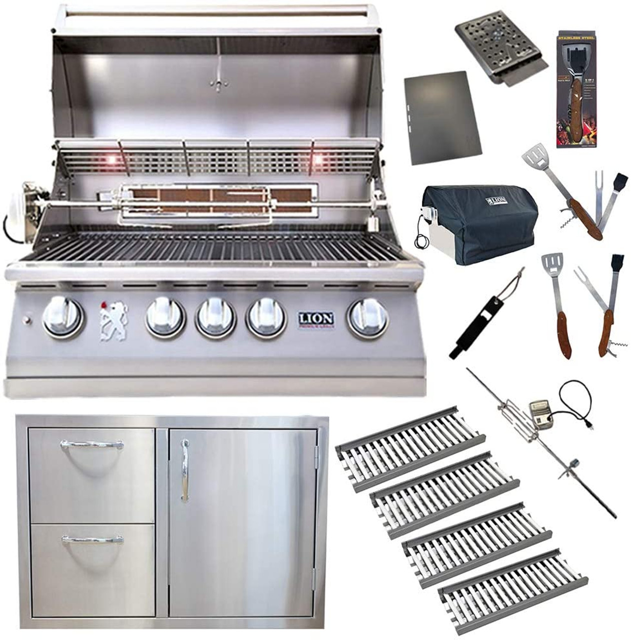 40-Inch Natural Gas Grill L90000 with Refrigerator and Door and Drawer  Combo and Drop-in Sink with and 5 in 1 BBQ Tool Set | Lion Premium Grills