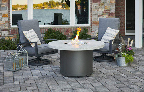 Beacon Chat Height Fire Pit Table with Electronic Ignition White Onyx - The Outdoor GreatRoom Company - On Outdoor Patio
