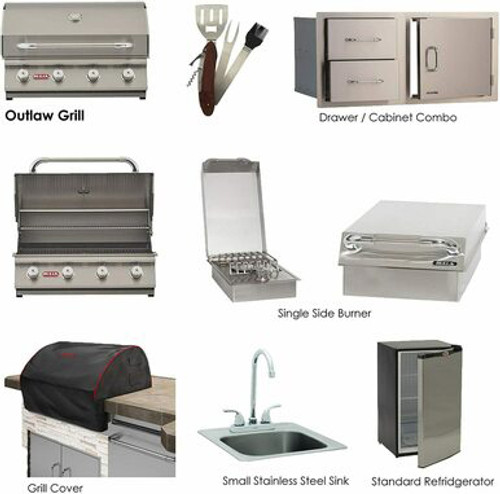 30" Outlaw Grill Propane with Single Side Burner, Stainless Steel Sink, Grill Cover, Refrigerator, Door & Drawer Combo Package