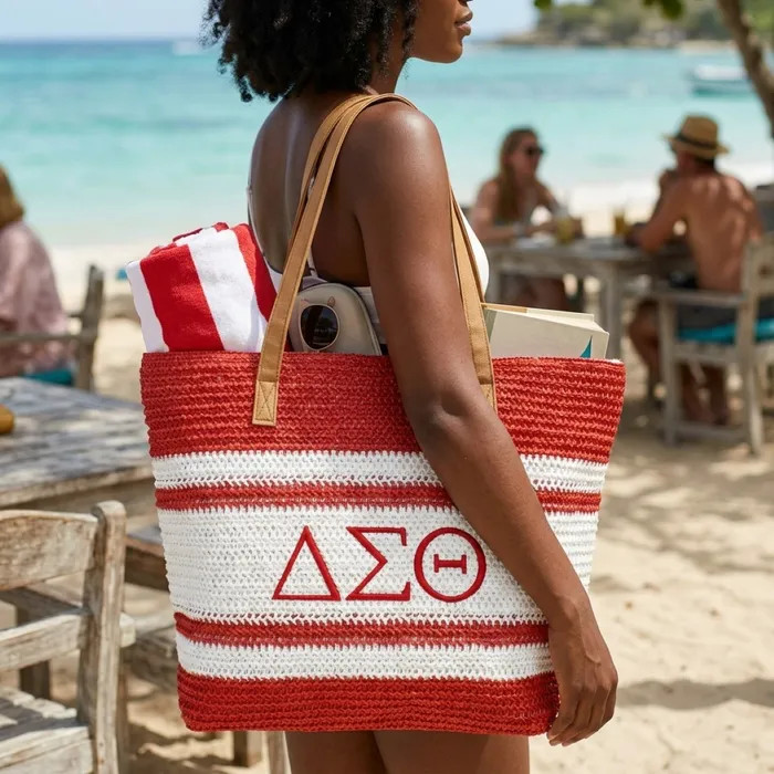 DST Faded Red Raffia Embroidered Beach Tote Bag - Prime Heritage Gifts