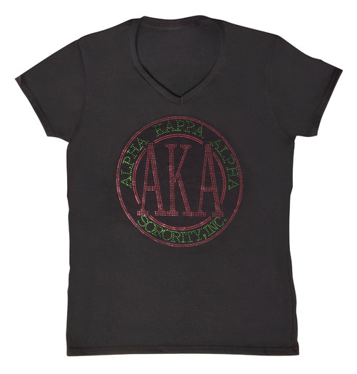 AKA Circle Rhinestone  V Neck Black T Shirt AKA Circle Rhinestone  V Neck Black T Shirt