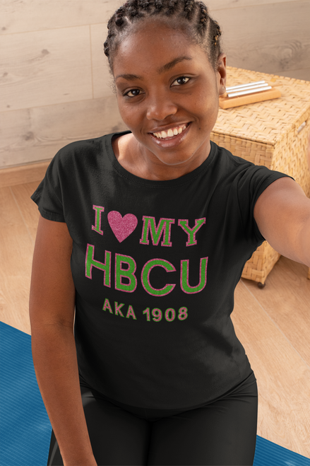 Short Sleeve Scoop Neck"I Love My HBCU - AKA 1908"  Glitter  T Shirt (Ladies Fit Large Only) BFCM Short Sleeve Scoop Neck"I Love My HBCU - AKA 1908"  Glitter  T Shirt (Ladies Fit Large Only) BFCM
