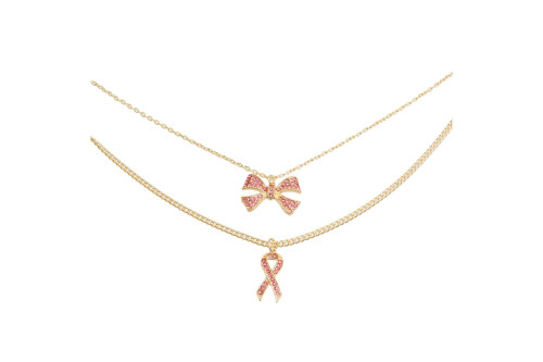 Pink Ribbon Double Layer Gold Necklace Set