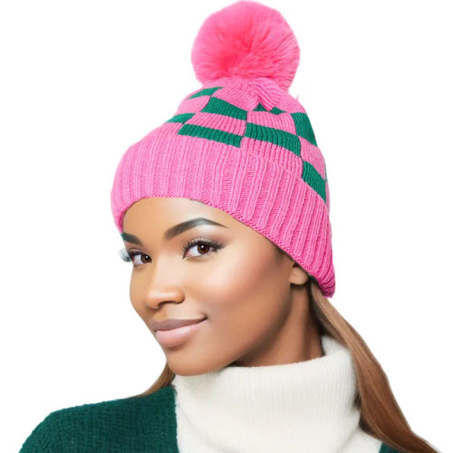  Pink Green Checkerboard Beanie