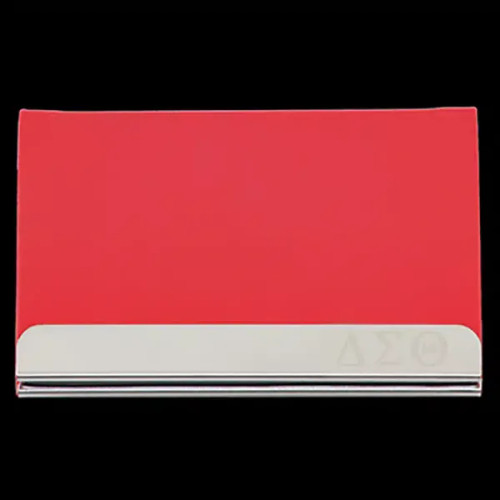 DST Laser Engraved Business Card Holder – Stainless Steel With Red Leather