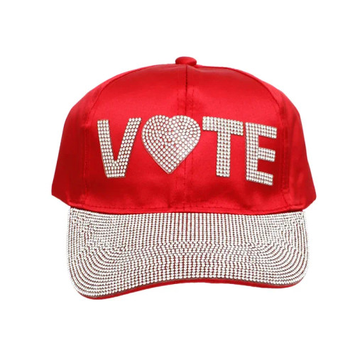 Red Satin VOTE Rhinestone Baseball Cap