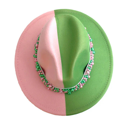 AKA Sorority Pink Green Fedora Pearl Hat