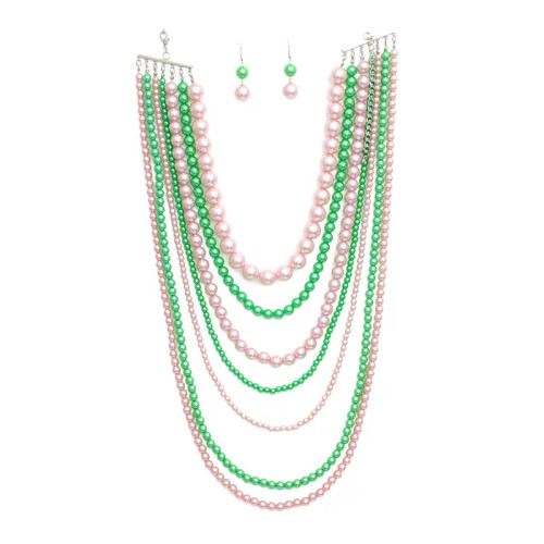 AKA Sorority Pink Green Pearl Long 7 Row Necklace AKA Sorority Pink Green Pearl Long 7 Row Necklace