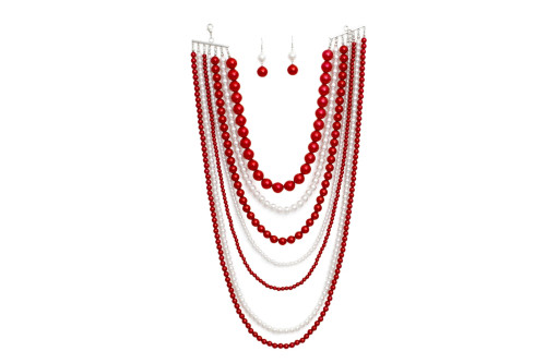 DST Sorority Red White Pearl Long 7 Row Necklace DST Sorority Red White Pearl Long 7 Row Necklace