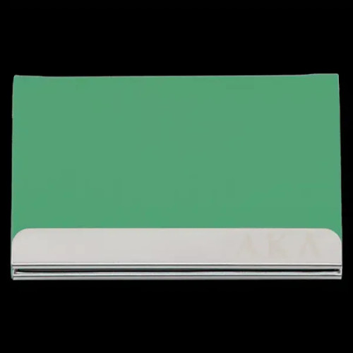 AKA Laser Engraved Business Card Holder – Stainless Steel With Green Leather