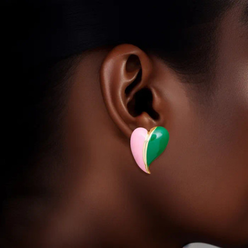Stud 14K Gold Pink Green Heart Earrings