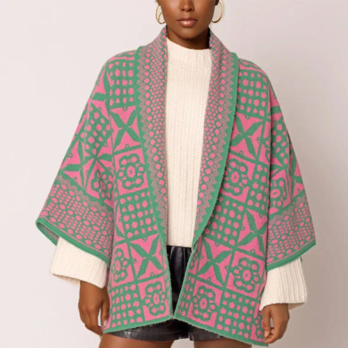 AKA Tile Print Knit Pink Green Cardigan 