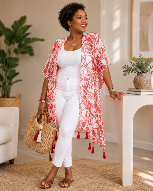 DST Sorority Red White ColorBlock Swirl Kimono