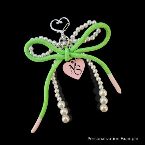 AKA White Pearl and Green Cord Bows Heart Bag Clip AKA White Pearl and Green Cord Bows Heart Bag Clip