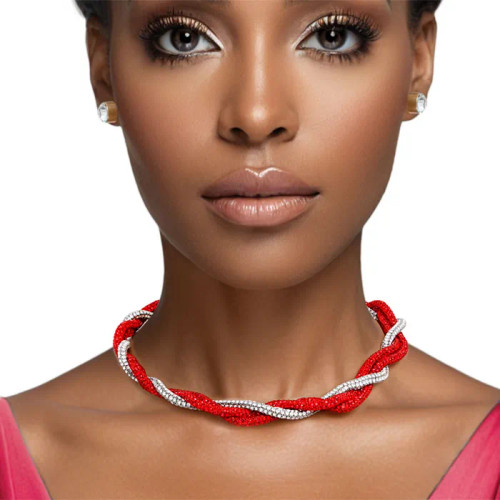 DST Vibrant Red Clear Twisted Tube Necklace DST Vibrant Red Clear Twisted Tube Necklace