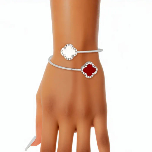 DST Sorority Red White Stone Clover Open Bangle(BCAM)