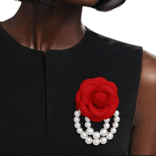 DST Sorority Red Flower Draped Pearls Brooch Pin(BCAM)