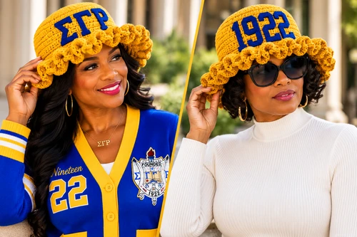 SGRHO Gold Crochet Ruffle Bucket Hat 