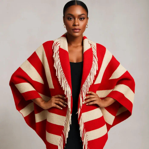 DST Red and Cream Stripe Fringe Cocoon Cardigan