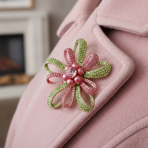 Brooch AKA Large Pink Green Stone Loop Pearl Pin(BCAM) - Prime