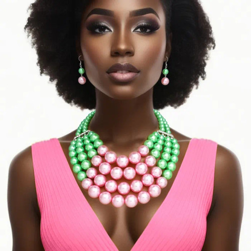 Chunky Pink Green Pearl Bib Necklace Set