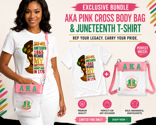 Pink AKA Cross Body Bag  & White Unisex Juneteenth T shirt Bundle
