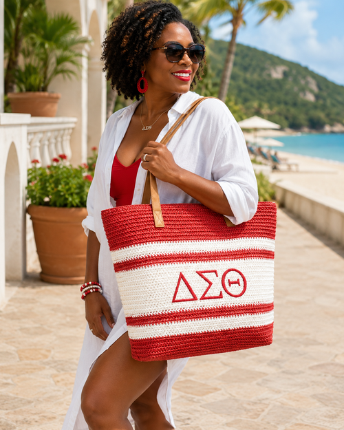 DST Faded Red Raffia Embroidered Beach Tote Bag