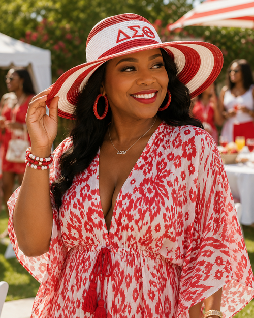 DST Red Raffia Embroidered Floppy Beach Sun Hat