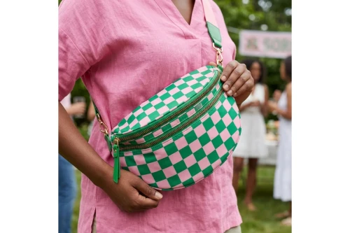 AKA Pink Green Checkered Nylon Crossbody Sling Bag