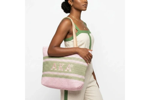 AKA Faded Pink Raffia Embroidered Beach Tote Bag