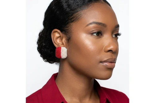 DST Red and White Square Pearl Stone Stud Earrings