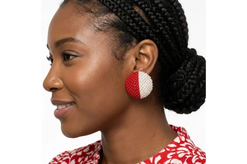 DST Red and White Dome Pearl Stone Stud Earrings