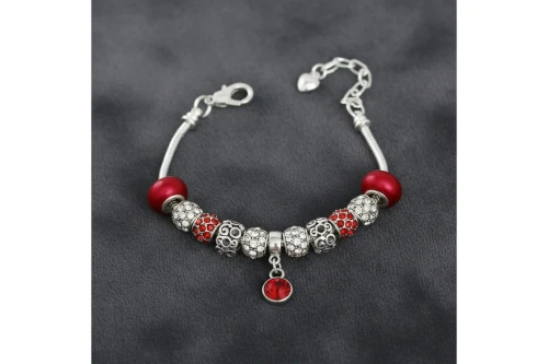 Silver Snake Chain Red Charm Women's Bracelet