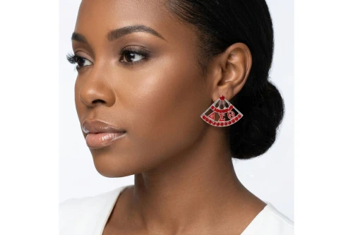 DST Red Silver Fan Stud Earrings