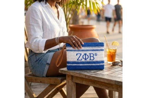 ZPB Faded Blue White Raffia Embroidered Pouch Bag