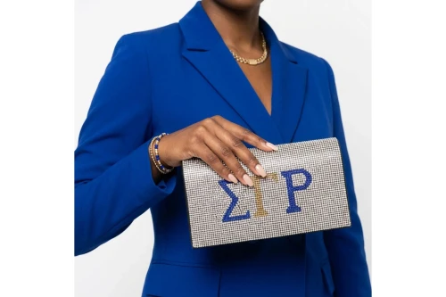 SGRHO Blue Gold Rhinestone Flap Snap Clutch Bag