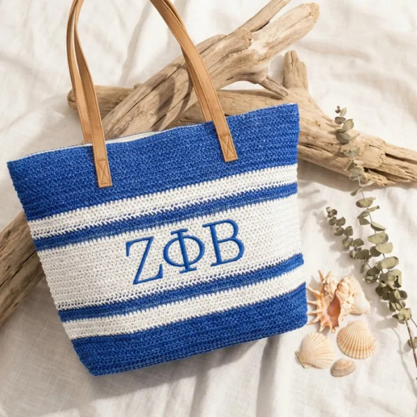 ZPB Faded Blue Raffia Embroidered Beach Tote Bag - Prime Heritage