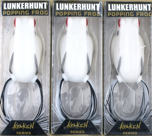 (3) Lunkerhunt Kraken Series 2 1/2" Hollow Belly 1/2 Oz Popping Frogs Ivory Brand New