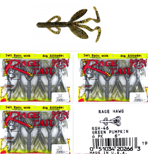(3) Bags Strike King Plastic Rage Tail 6" Rage Hawg Green Pumpkin RGH-46 Brand New