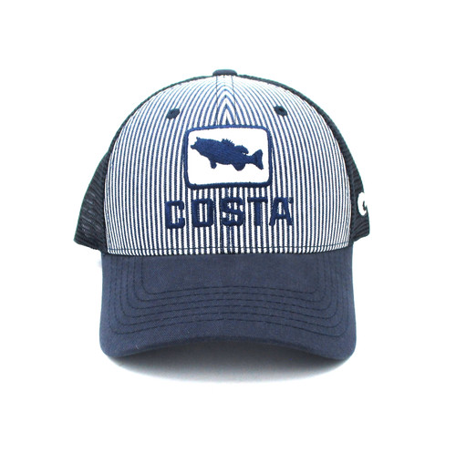 Costa Del Mar Bass Hickory Striped Navy Adjustable Trucker Hat Cap Brand New FREE SHIPPING
