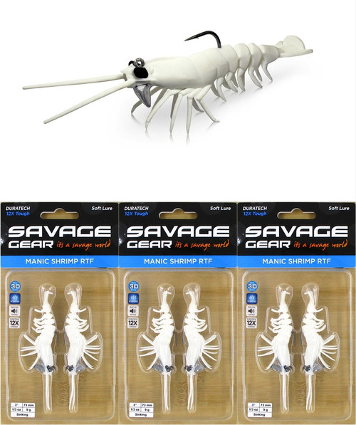 (3) Packs Of 2 Savage Gear 3" Sinking 1/3 Oz Manic Shrimp White Brand New In Pack