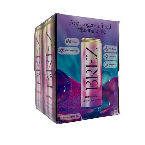 BREZ DREAM CHERRY CHAMOMILE REISHI, PASSIONFLOWER, TART CHERRY, CHAMOMILE, MAGNESIUM 4pk 12oz. Cans