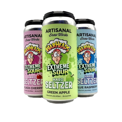 ARTISANAL BREWING WARHEADS HARD SELTZER WITH GREEN APPLE, BLUE RASPBERRY, WATERMELON. BLACK CHERRY 4pk 16oz. Cans