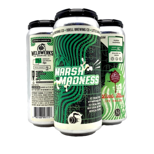 WELDWERKS MARSH MADNESS ICE CREAM STOUT WITH MARSHMALLOWS. ICE CREA, VANILLA, MILK SUGAR COLLABORATION WITH ODELL BREWING AND LITTLE MAN ICE CREAM 4pk 16oz. Cans