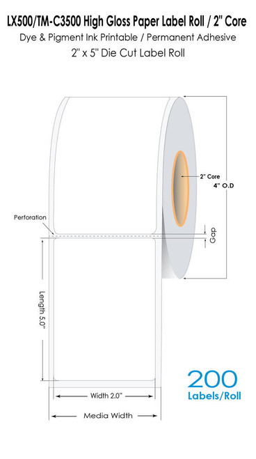 LX500 2\" x 5\" High Gloss Paper Labels 200/Roll